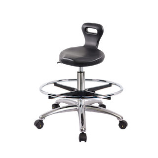 Polyurethane ESD Serpent Stool Chrome - Medium Bench Height with Chrome Foot Ring & ESD Casters in ESD Black Polyurethane