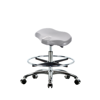 Polyurethane Ray Sit-Stand Stool Chrome - Medium Bench Height with Chrome Foot Ring & Chrome Casters in Black Polyurethane